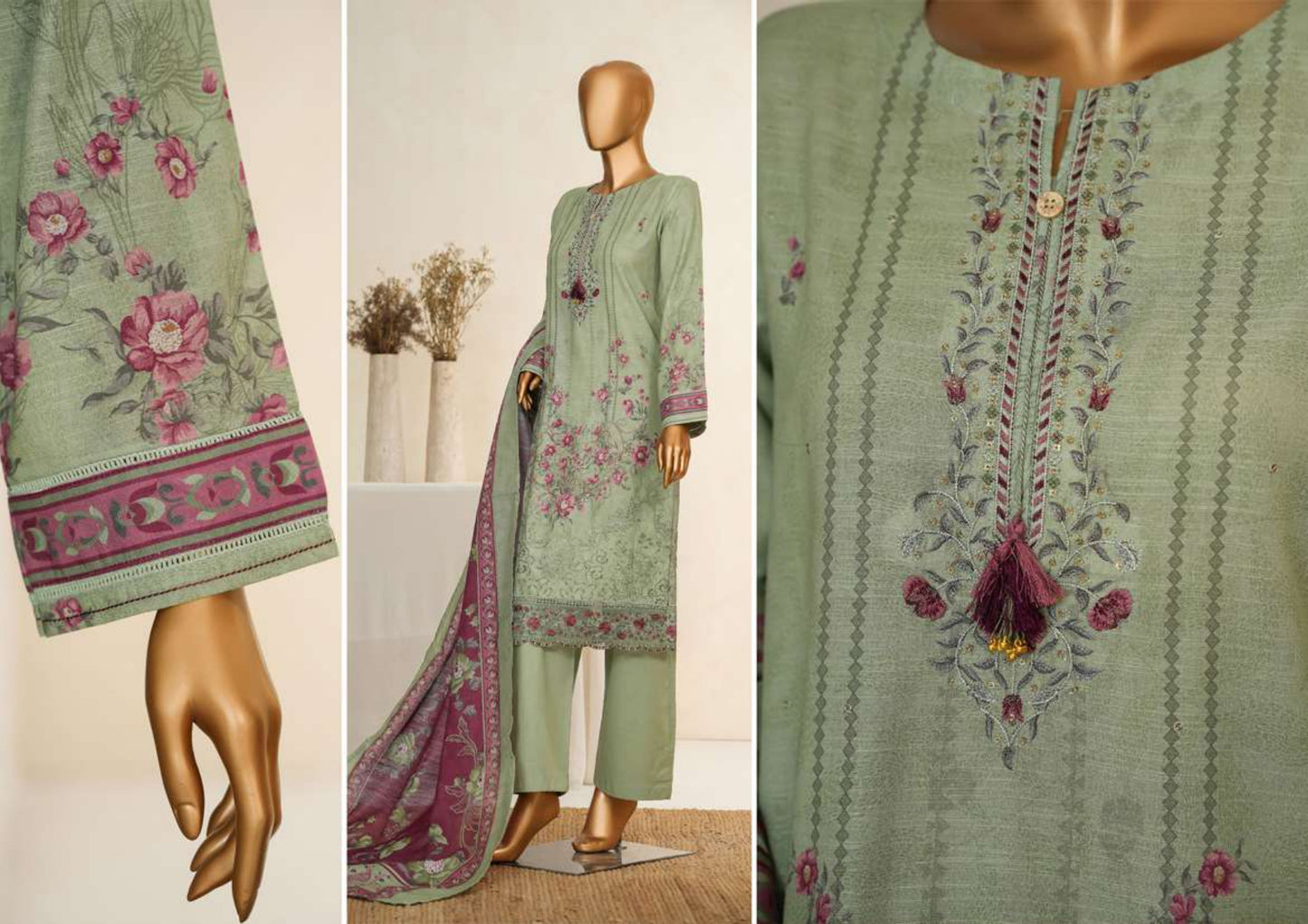 KHADDAR 3PC Embroidered
