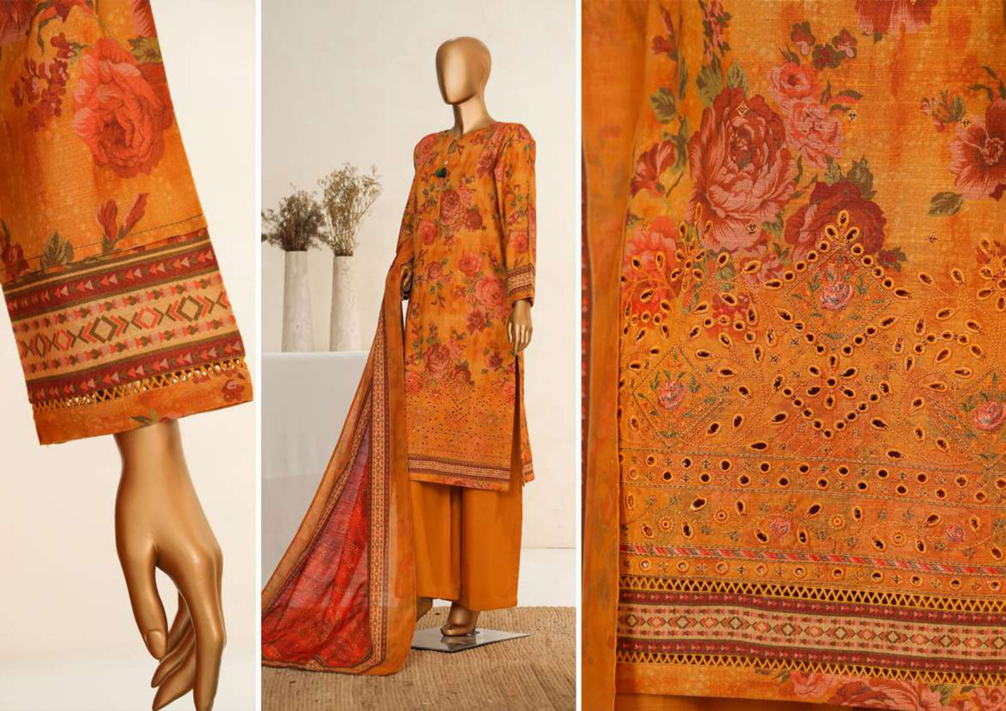 KHADDAR 3PC Embroidered