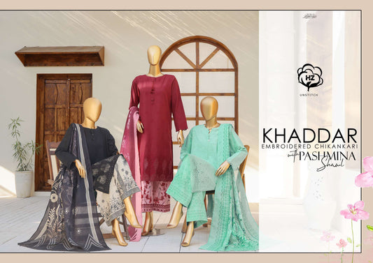 UNSTITCH KHADDAR EMBROIDERED CHIKANKARI with PASHMINA
