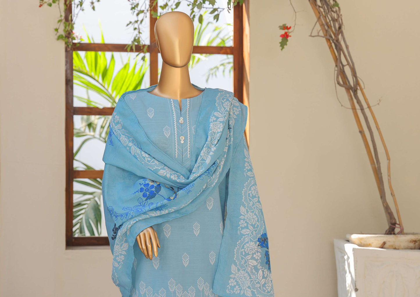 UNSTITCH KHADDAR EMBROIDERED CHIKANKARI with PASHMINA