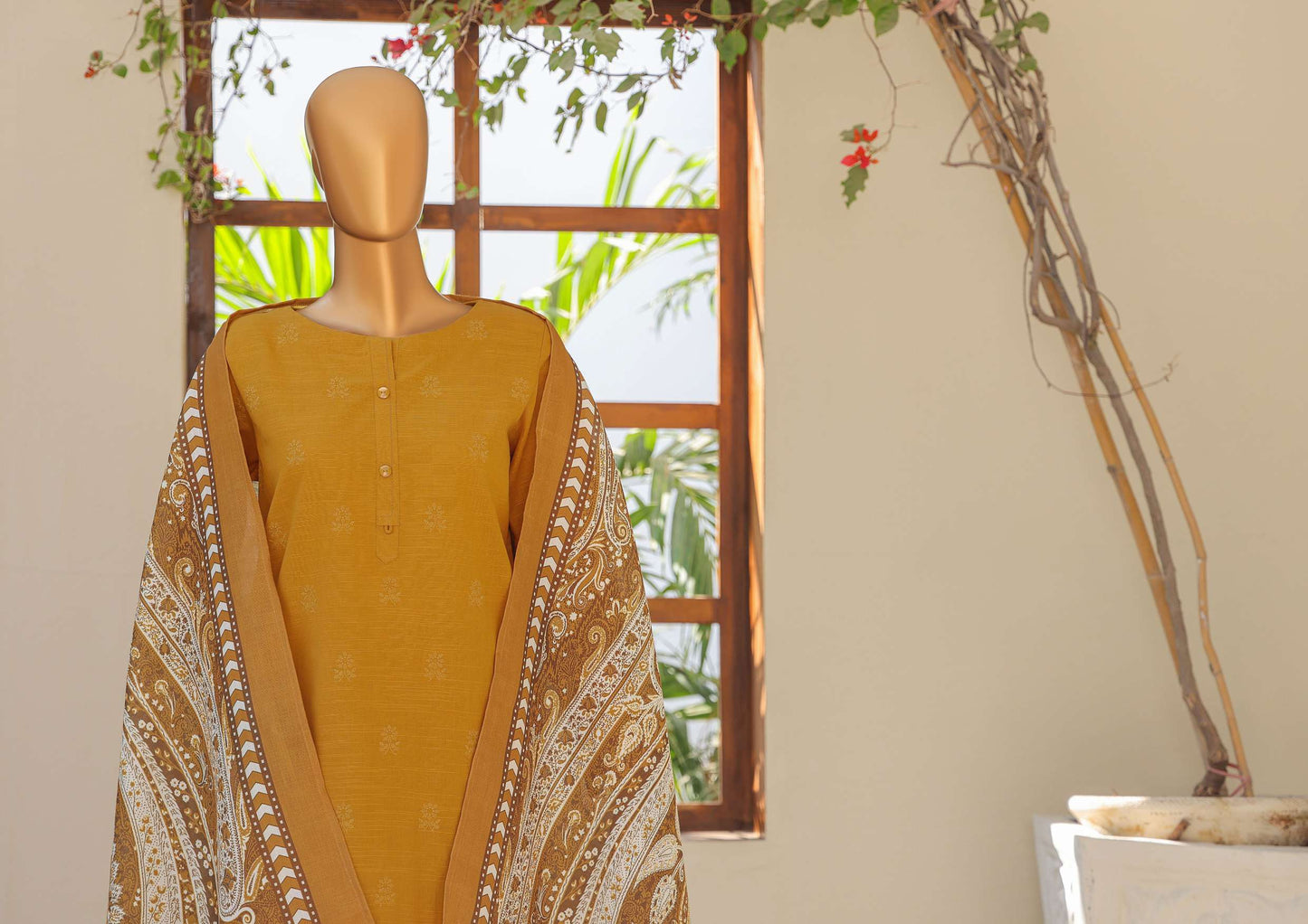 UNSTITCH KHADDAR EMBROIDERED CHIKANKARI with PASHMINA