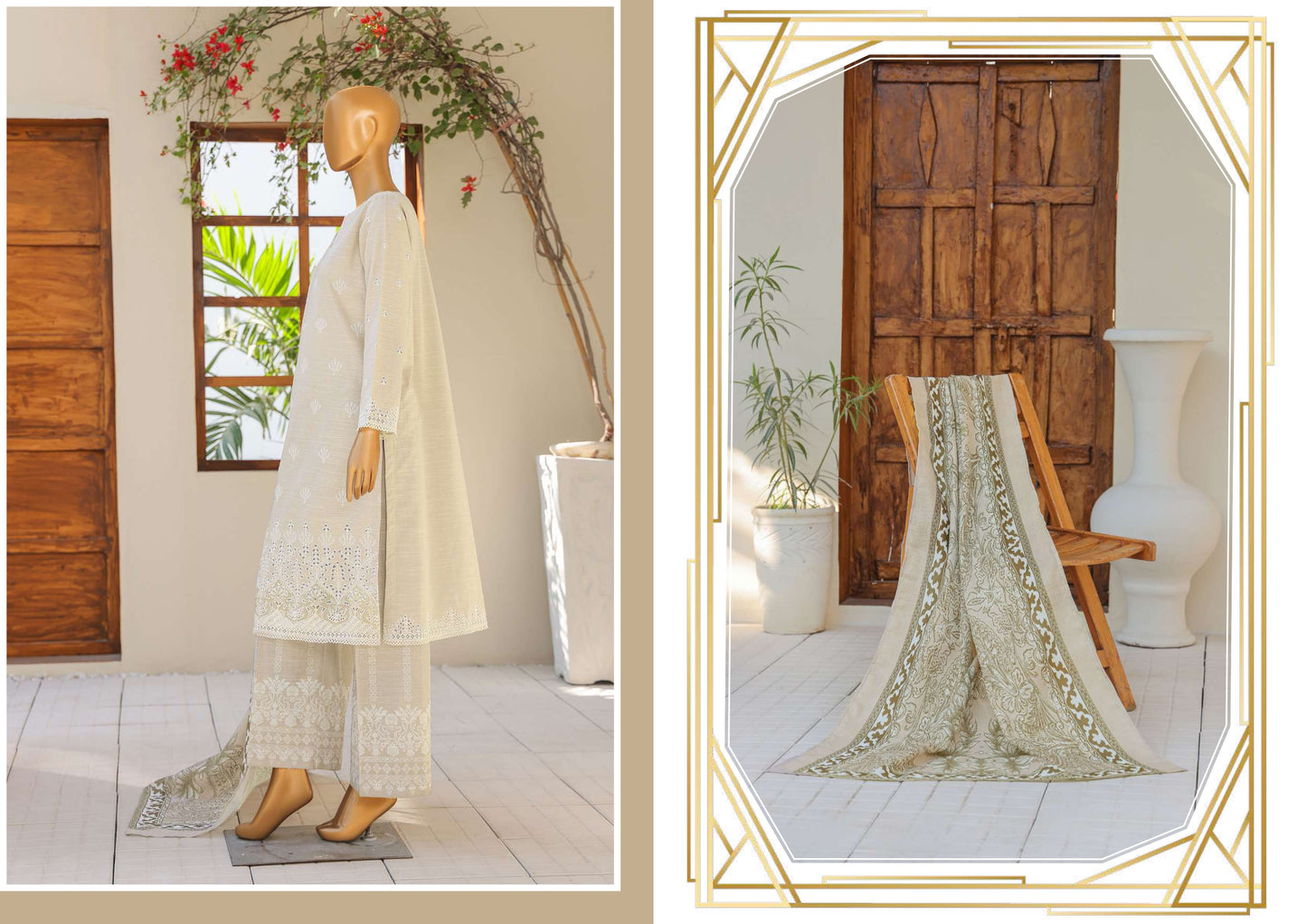 UNSTITCH KHADDAR EMBROIDERED CHIKANKARI with PASHMINA
