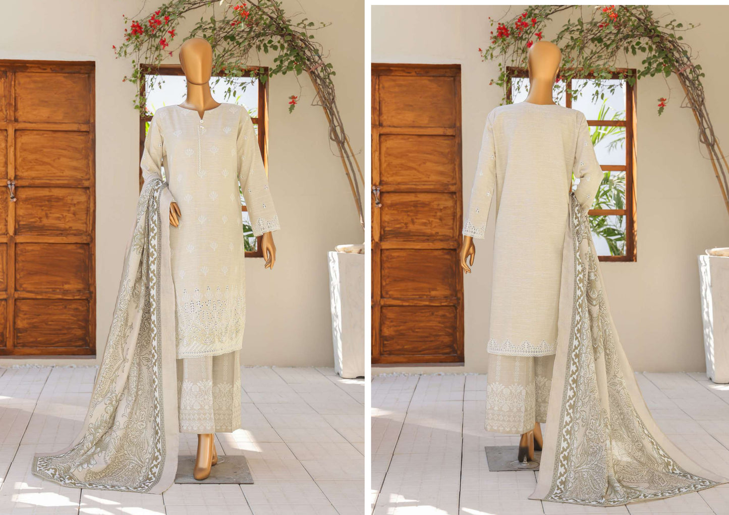 UNSTITCH KHADDAR EMBROIDERED CHIKANKARI with PASHMINA