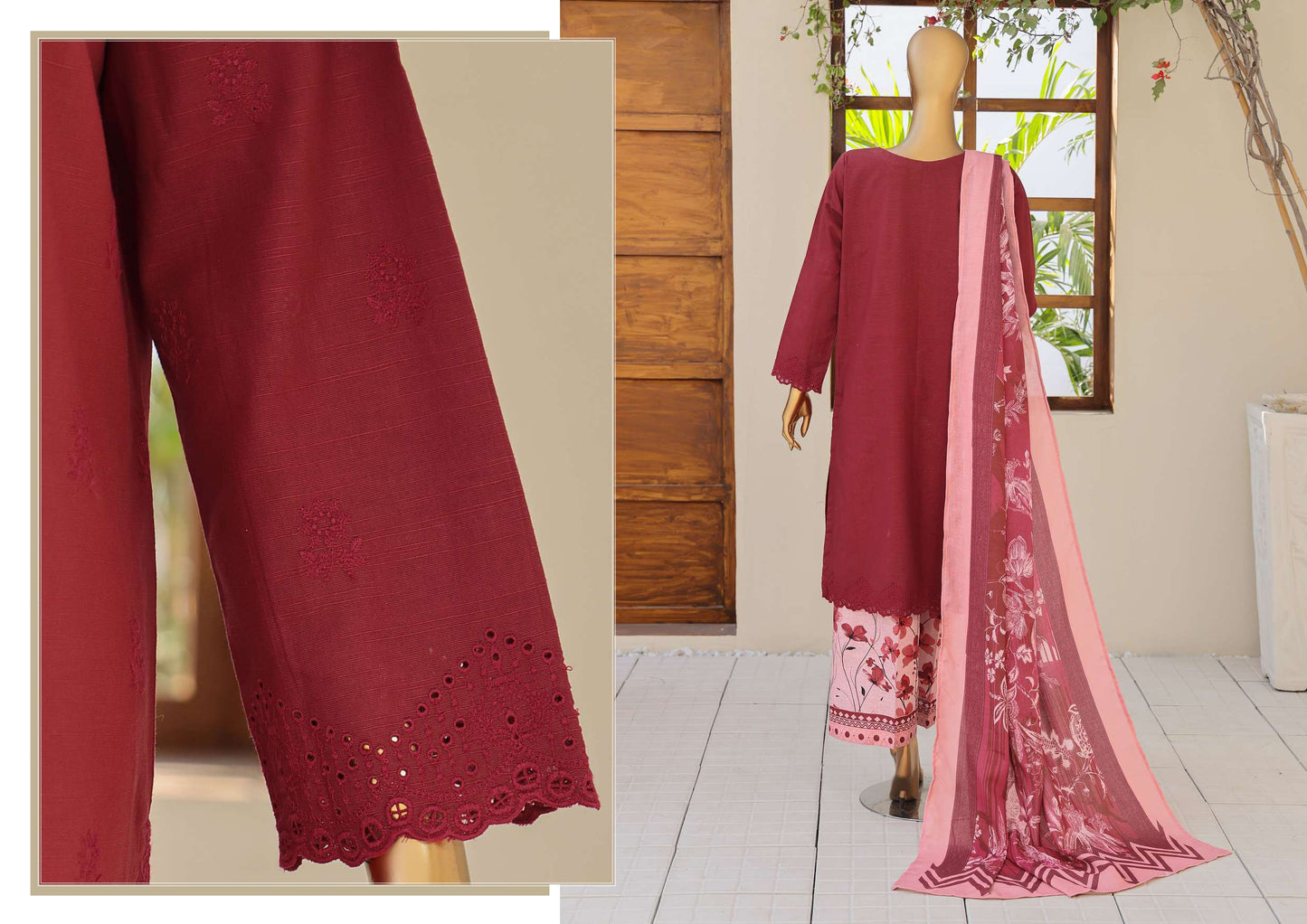 UNSTITCH KHADDAR EMBROIDERED CHIKANKARI with PASHMINA