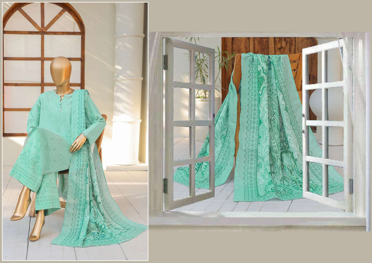 UNSTITCH KHADDAR EMBROIDERED CHIKANKARI with PASHMINA