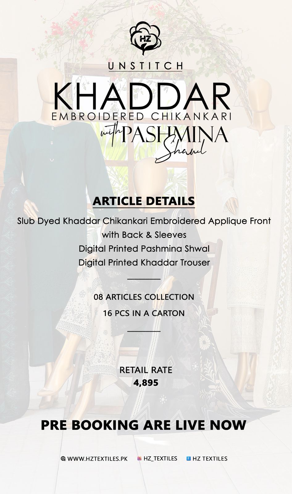 UNSTITCH KHADDAR EMBROIDERED CHIKANKARI with PASHMINA